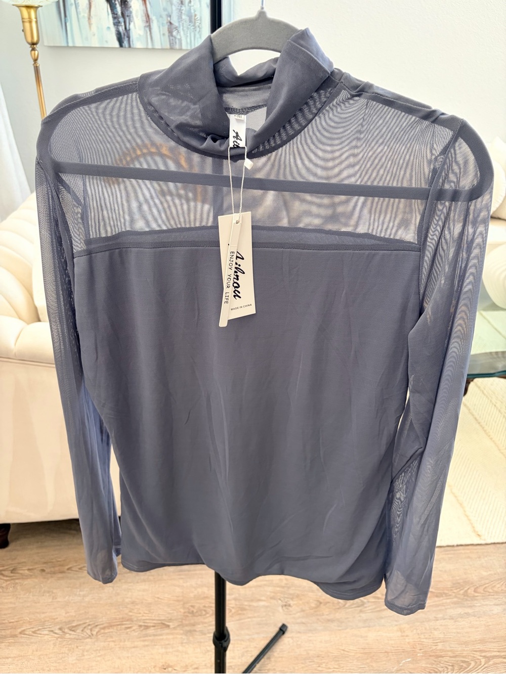 Aibrou Sheer-Panel Long Sleeve Mock Neck Top — Gray